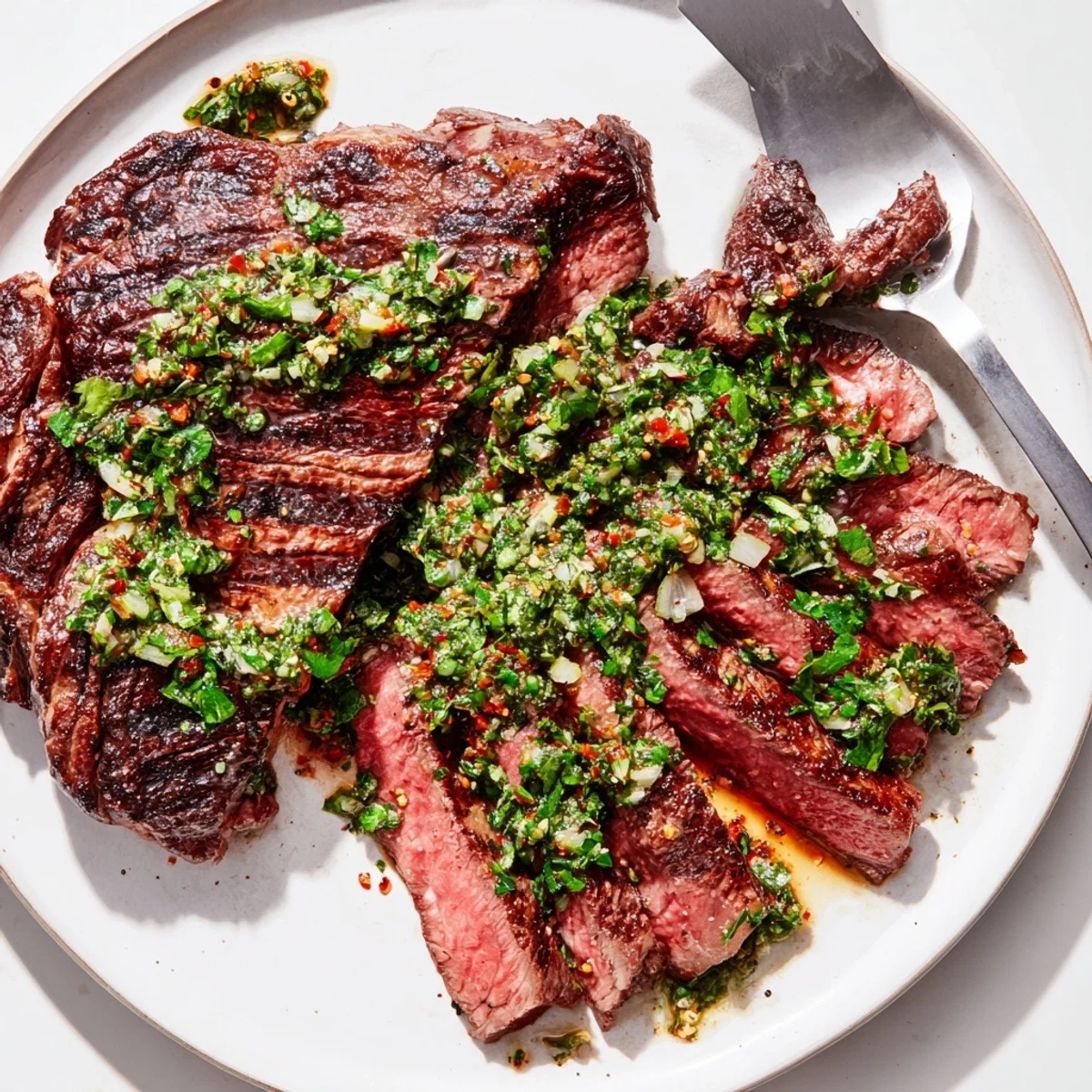 Chimichurri Steak Recipe: grilled ribeye sliced thick, juicy, topped with zesty sauce.