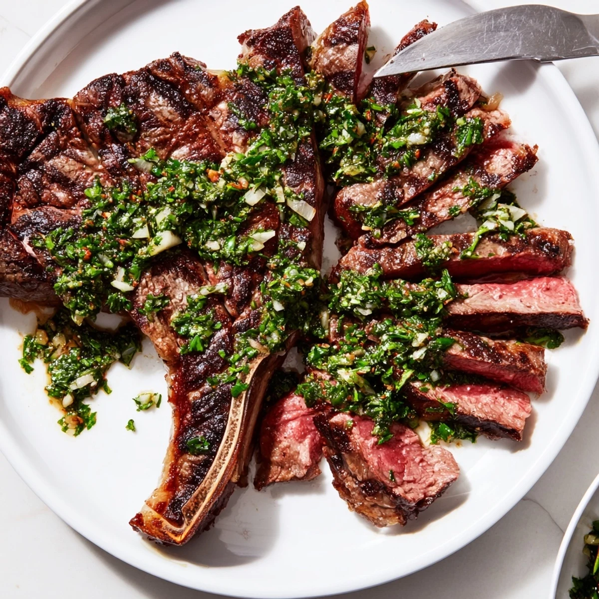 Serve Chimichurri Steak Recipe sliced on board, smoky char and parsley garnish.