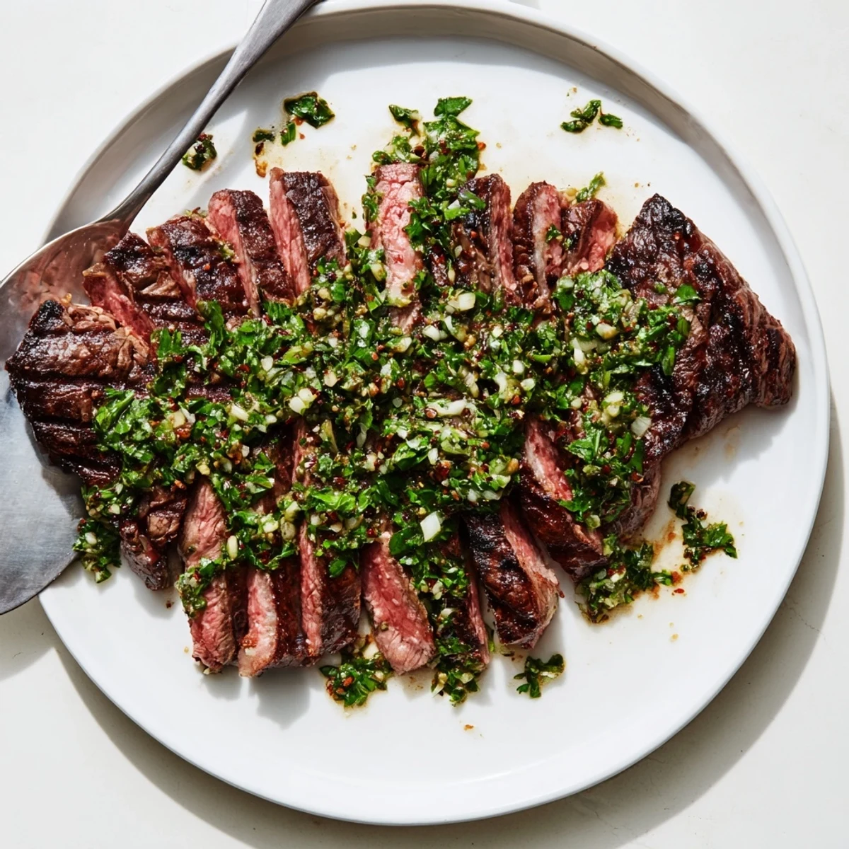 Juicy Chimichurri Steak Recipe served hot with garlicky, bright green sauce.