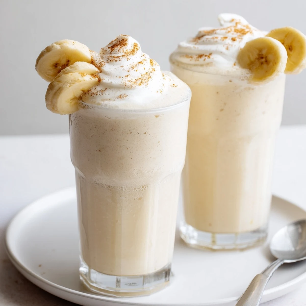 Creamy Vanilla Banana Shake poured into chilled glasses with frothy top