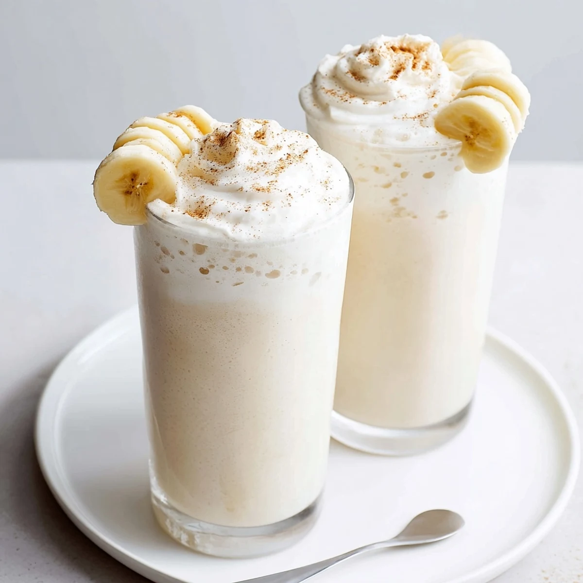Vanilla Banana Shake blended smooth, sweet aroma, garnished with sliced banana