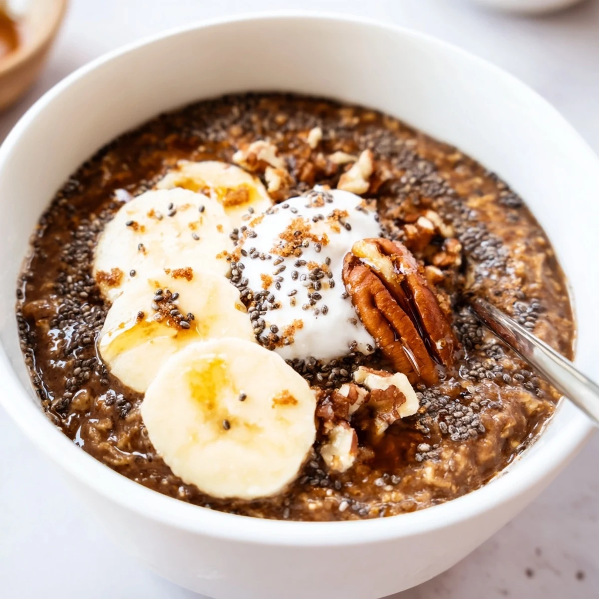 Brown Sugar Coffee Overnight Oats topped with sliced banana and toasted pecans