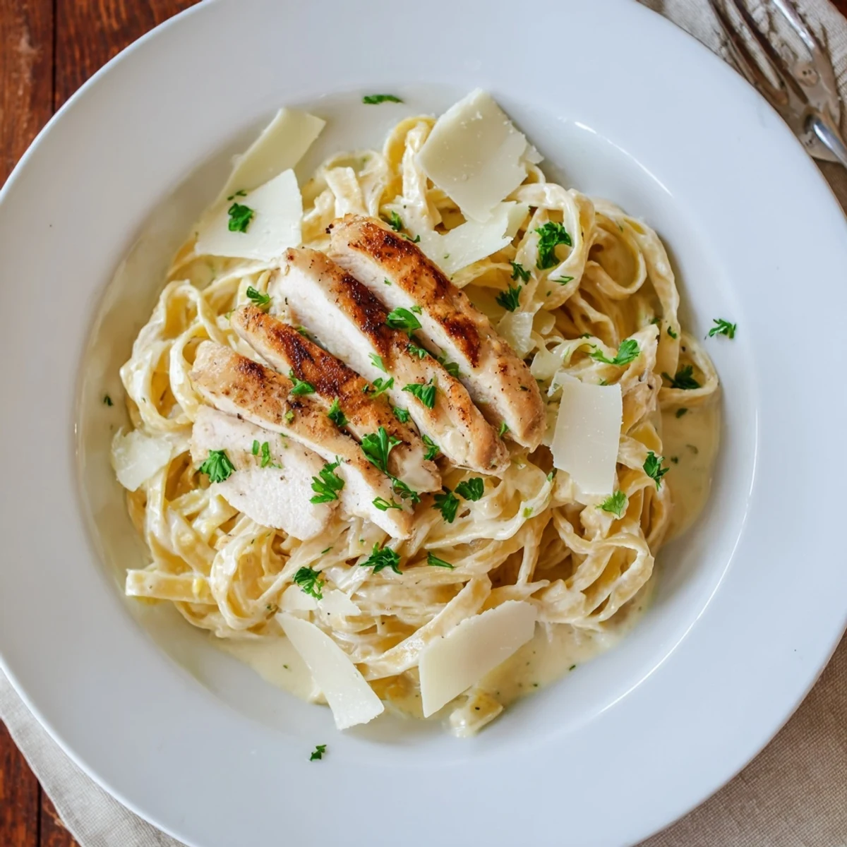 Steaming bowl of Creamy Garlic Chicken Pasta topped with fresh parsley