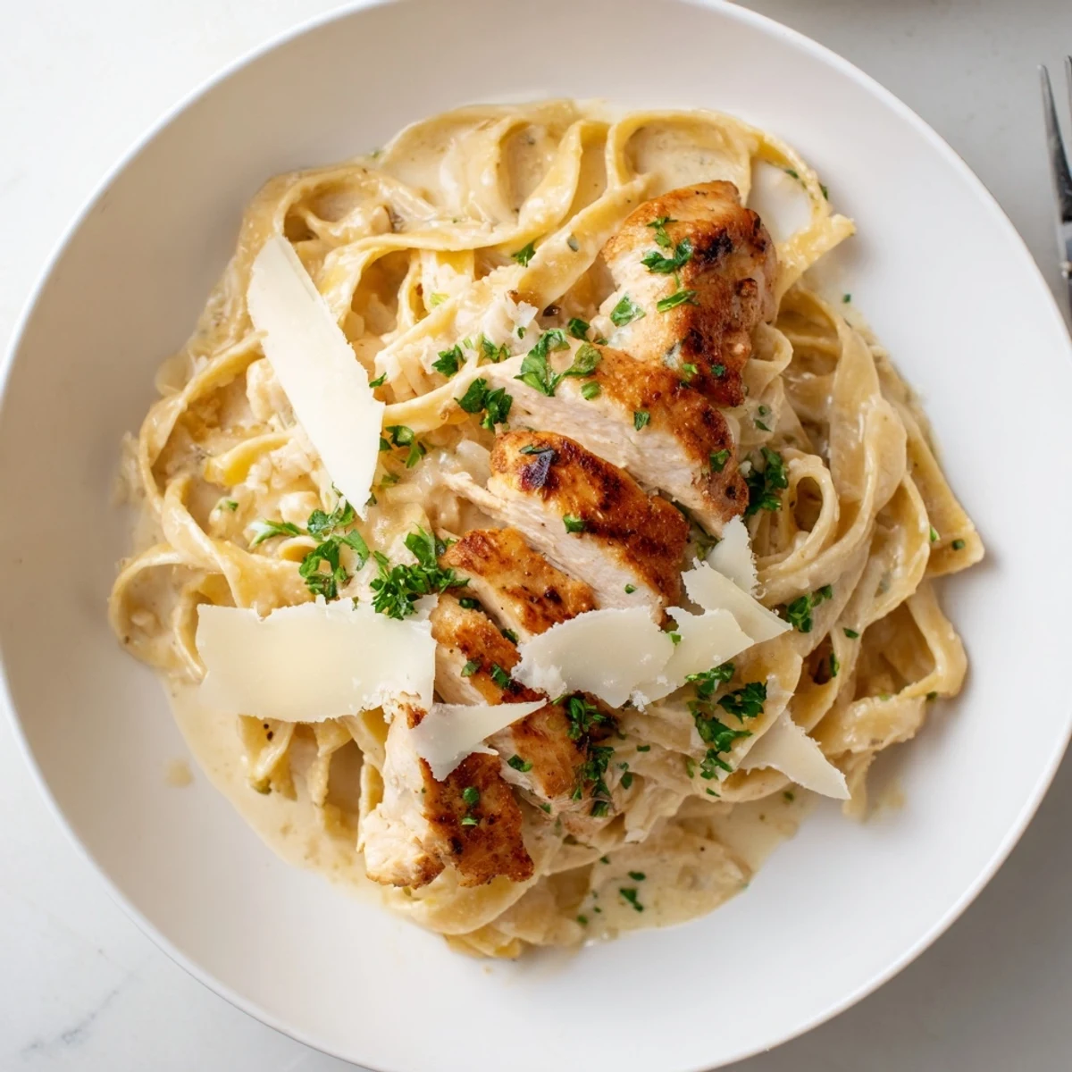 Weeknight-ready Creamy Garlic Chicken Pasta sliced chicken, al dente fettuccine, fragrant aroma