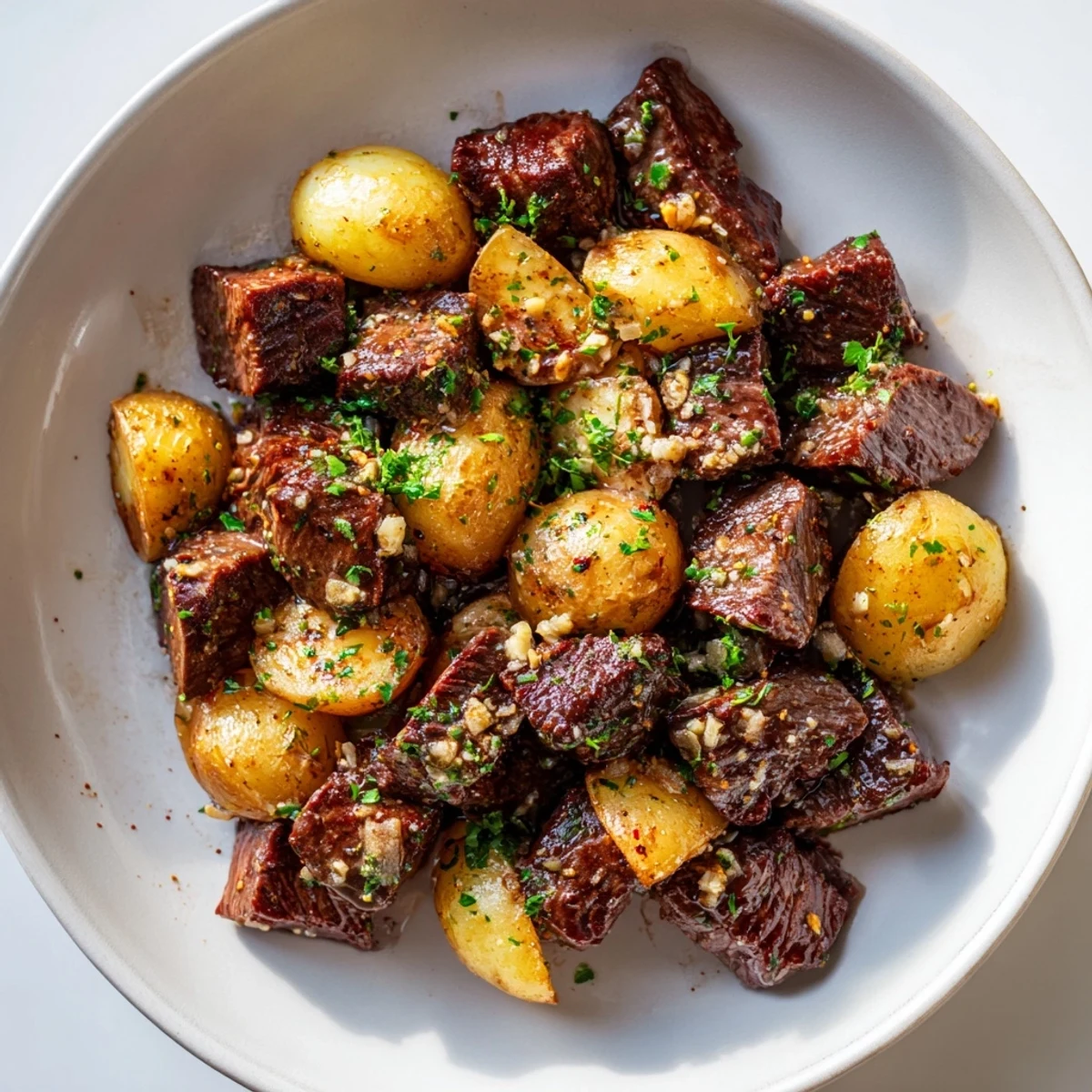 Plated Garlic Steak Bites and Potatoes garnished with parsley, tender steak, crispy potato quarters