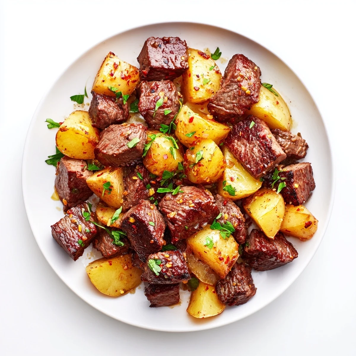 Garlic Steak Bites and Potatoes sizzling in garlic butter, golden potato edges