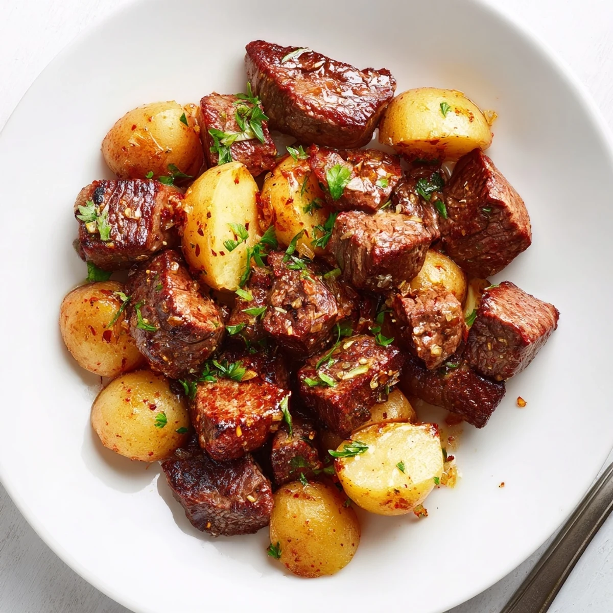 Skillet Garlic Steak Bites and Potatoes tossed in buttery garlic sauce, ready to serve