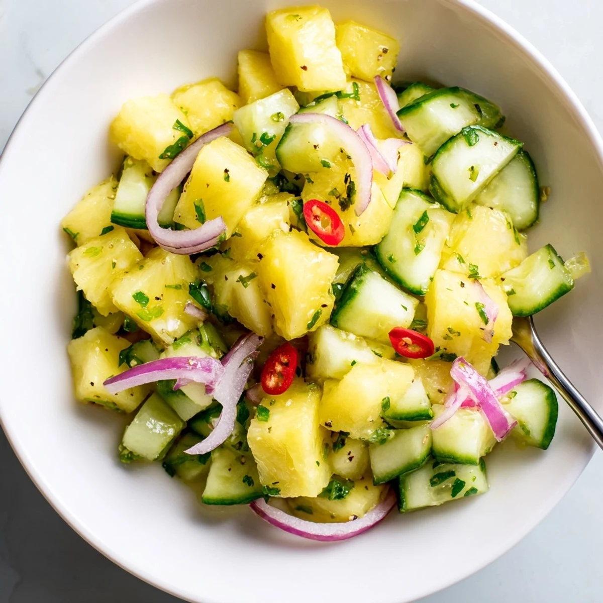Pineapple Cucumber Salad in a bright bowl, juicy fruit, vibrant herbs.