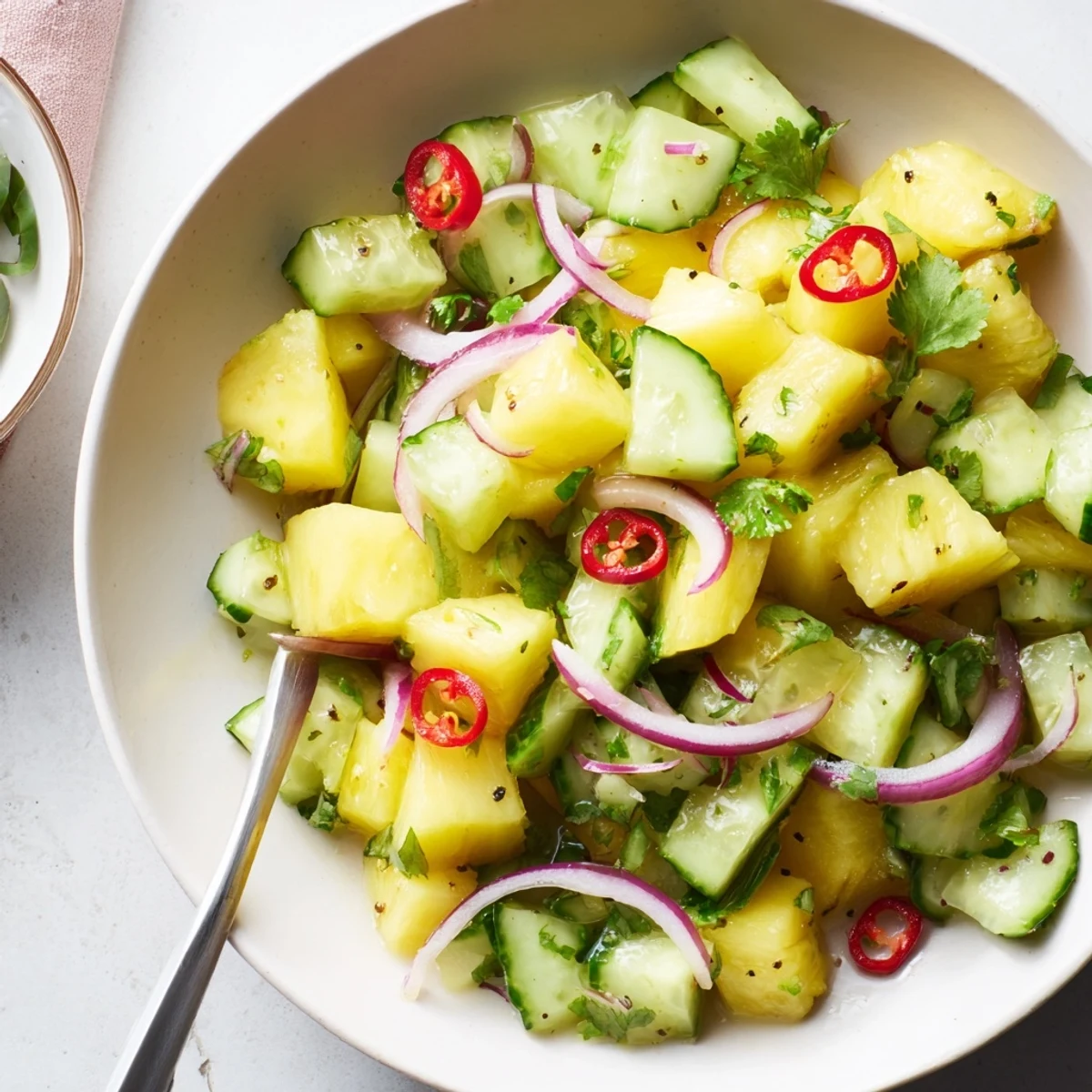 Bright Pineapple Cucumber Salad tossed with cilantro, red onion, and chili.