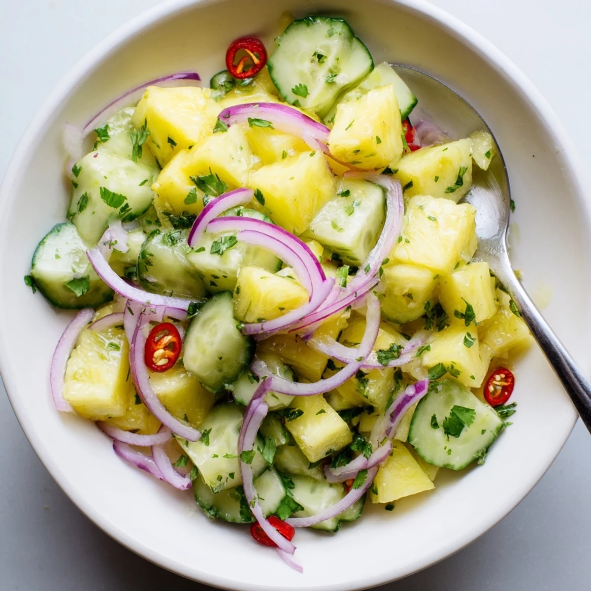 Chilled Pineapple Cucumber Salad served with grilled fish for summer dinners.
