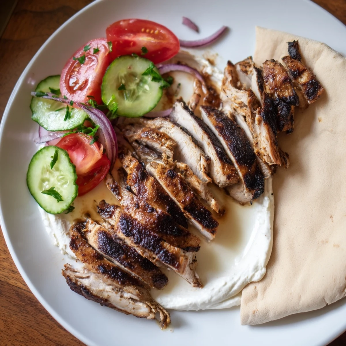 Shawarma Chicken With Garlic Sauce, sliced juicy thighs tucked inside warm pita.