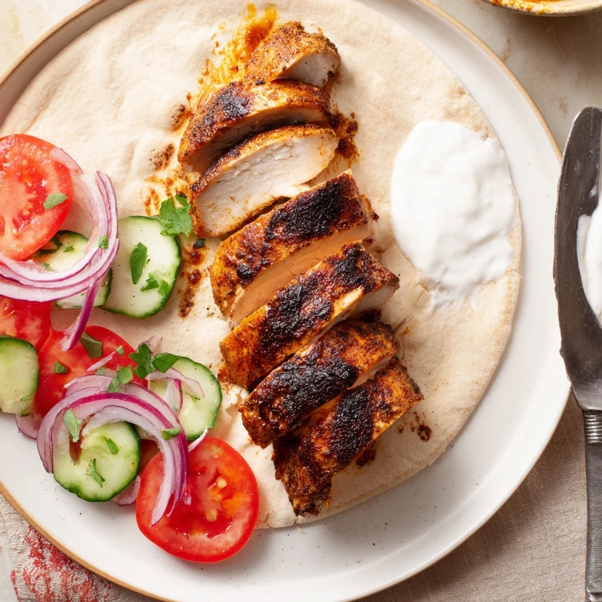 Family-style Shawarma Chicken With Garlic Sauce served with crisp cucumber and parsley.