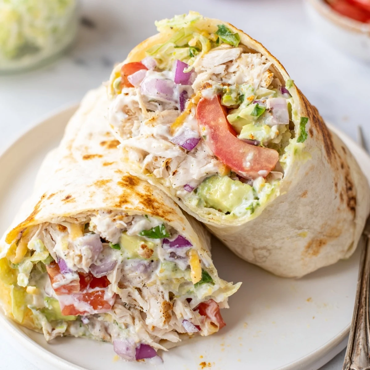Toasted Chicken Avocado Ranch Burritos sliced open, gooey cheese and creamy filling