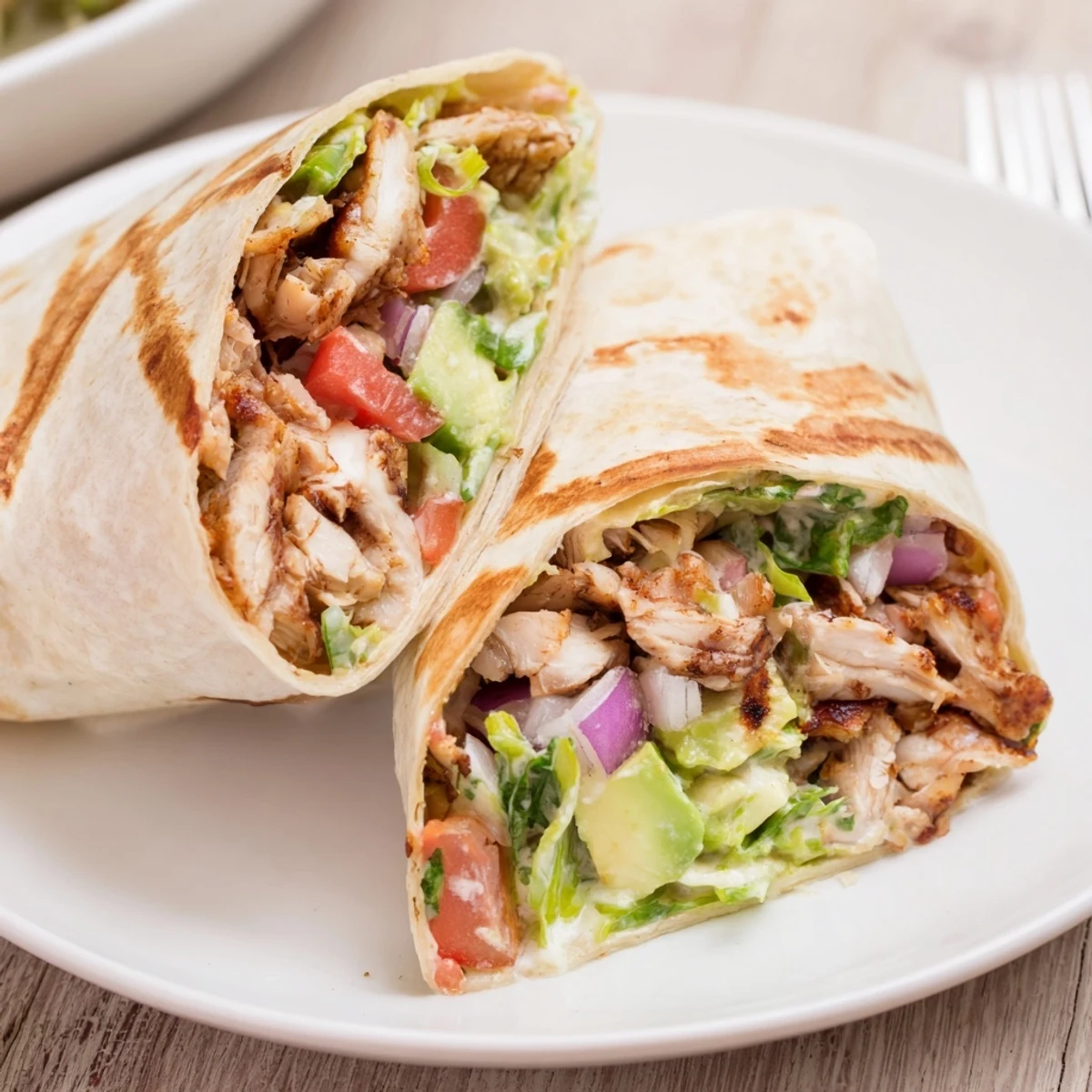 Family-style Chicken Avocado Ranch Burritos halved, warm filling with fresh tomato and cilantro