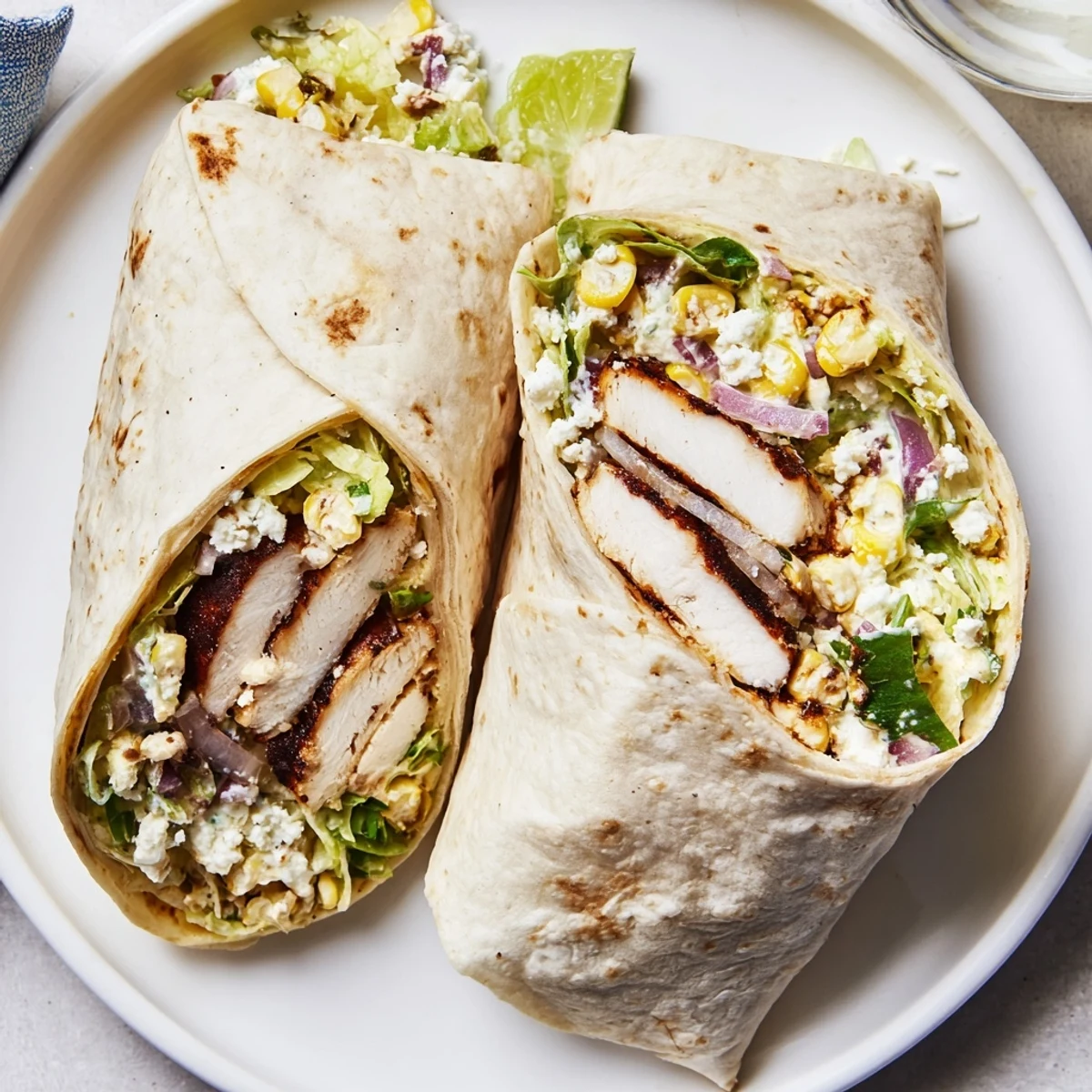 Quick Mexican Street Corn Chicken Wraps bursting with charred corn, lime wedges
