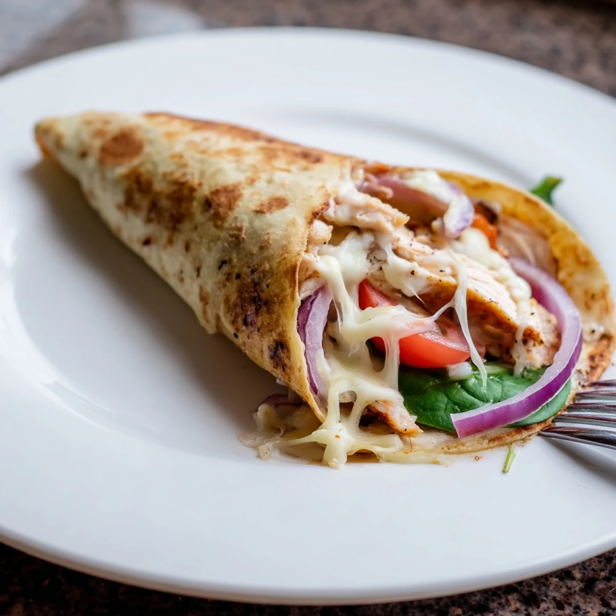 Cozy Cheesy Garlic Chicken Wraps sliced in half, golden grilled, melting cheese.