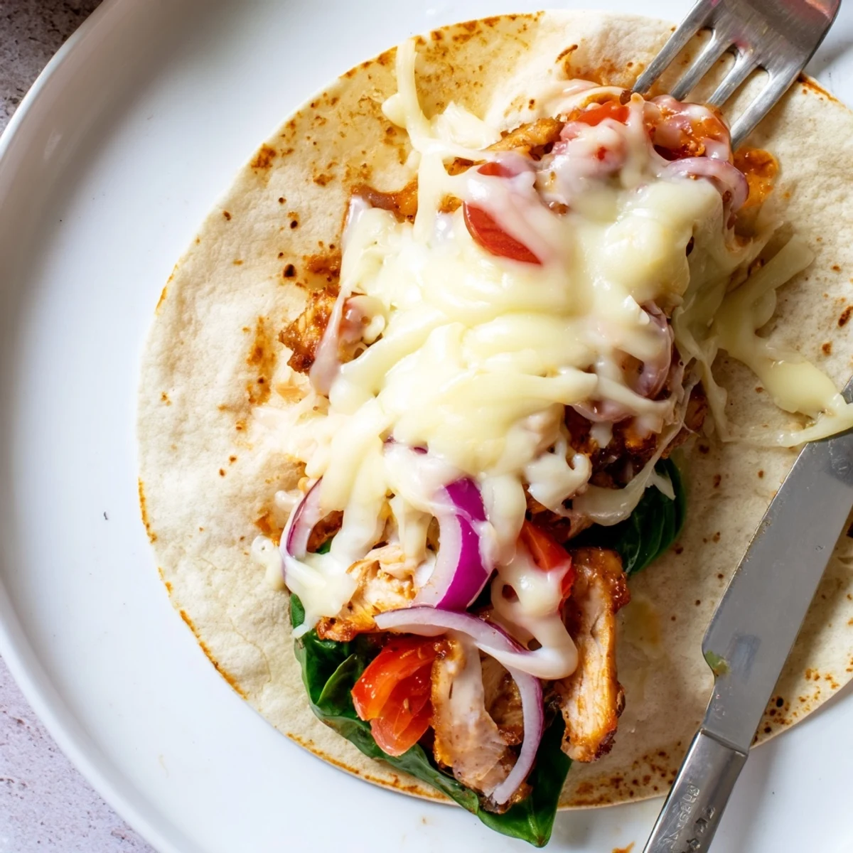 On a wooden board, Cozy Cheesy Garlic Chicken Wraps show tender garlic chicken strips.