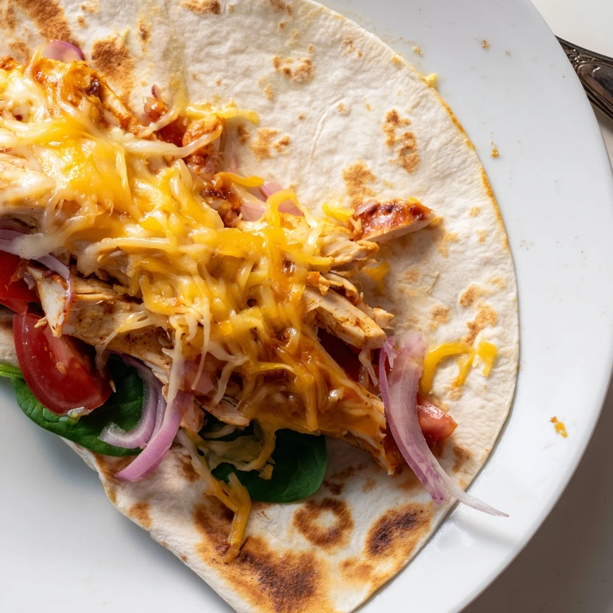 Cozy Cheesy Garlic Chicken Wraps served hot with sour cream and crisp salad.