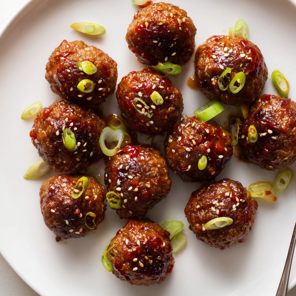Firecracker Meatballs glazed in sticky spicy-sweet sauce, sprinkled with sesame.  