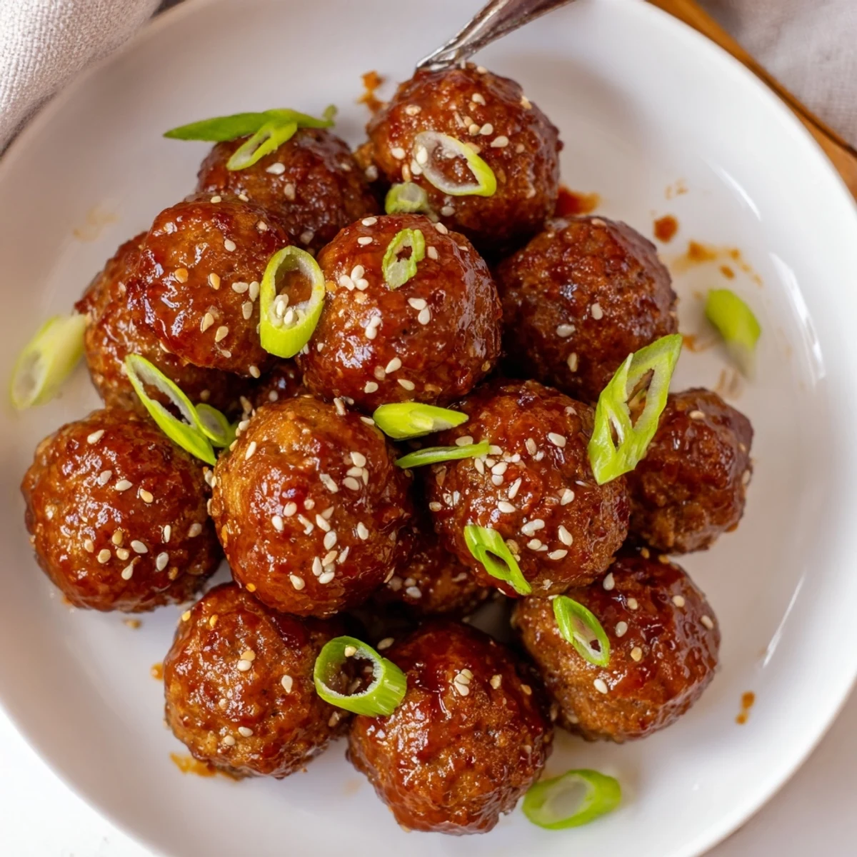 Spicy Firecracker Meatballs tossed in glossy sauce, served over fluffy steamed rice.