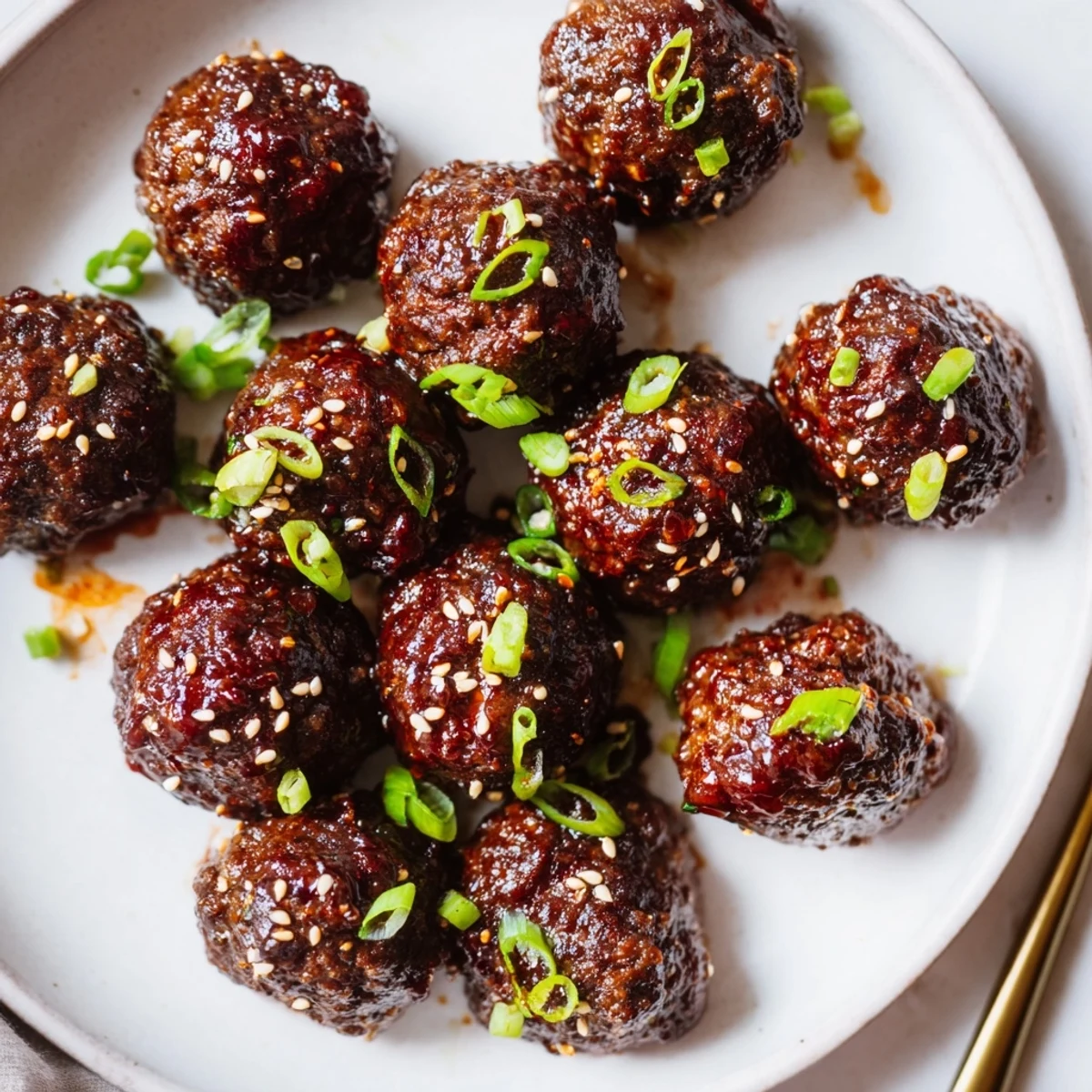 Baked Firecracker Meatballs steaming on a platter, garnished with sliced spring onions.  