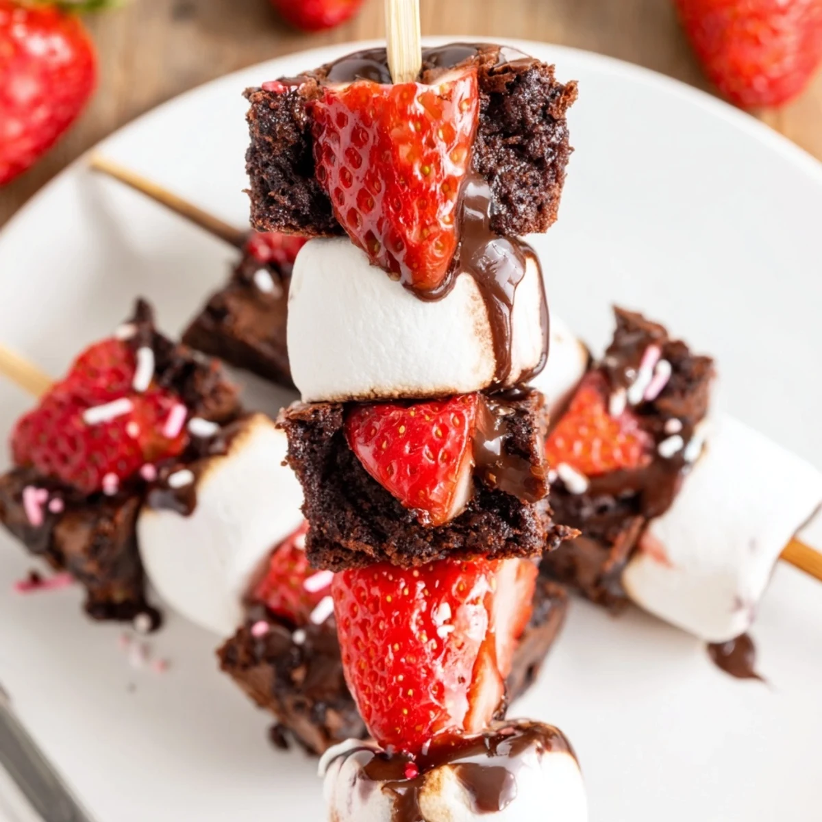 Fudgy Sweet Strawberry Brownie Kabobs skewers paired with marshmallows for dipping
