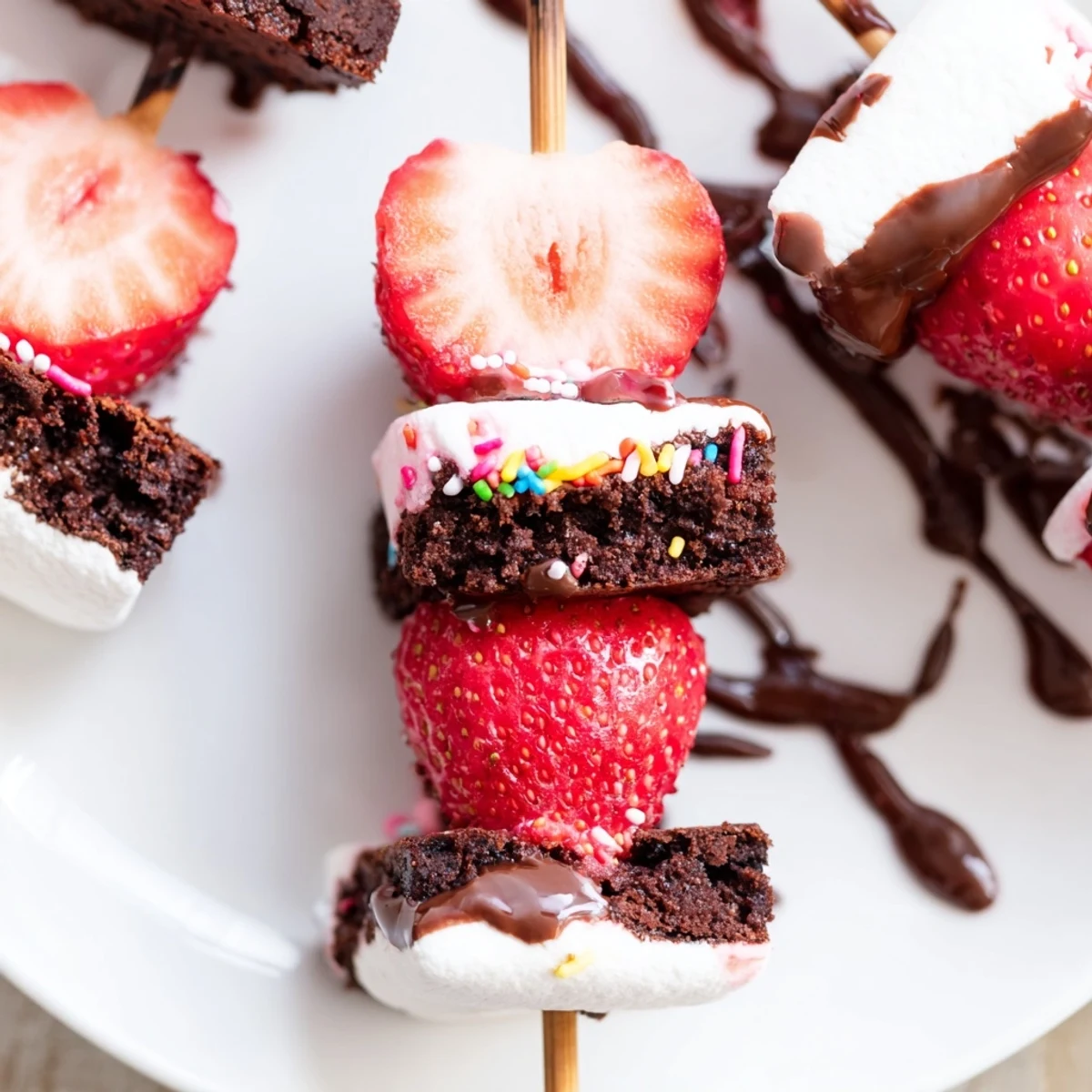 Sweet Strawberry Brownie Kabobs arranged on platter, drizzled chocolate, colorful sprinkles