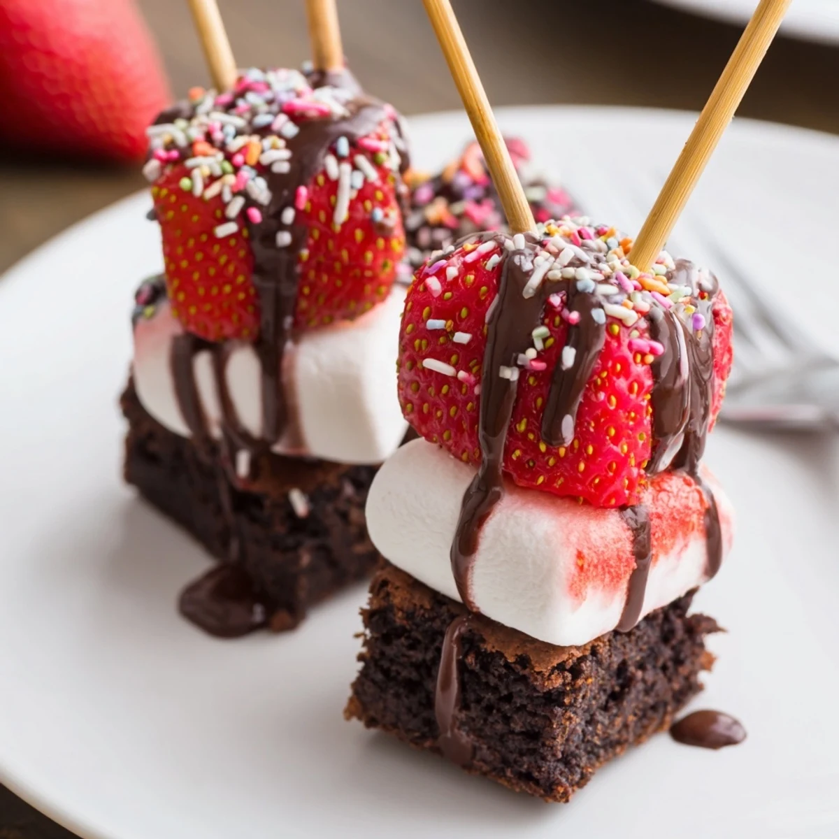 Close-up of Sweet Strawberry Brownie Kabobs showing juicy strawberries and gooey marshmallows