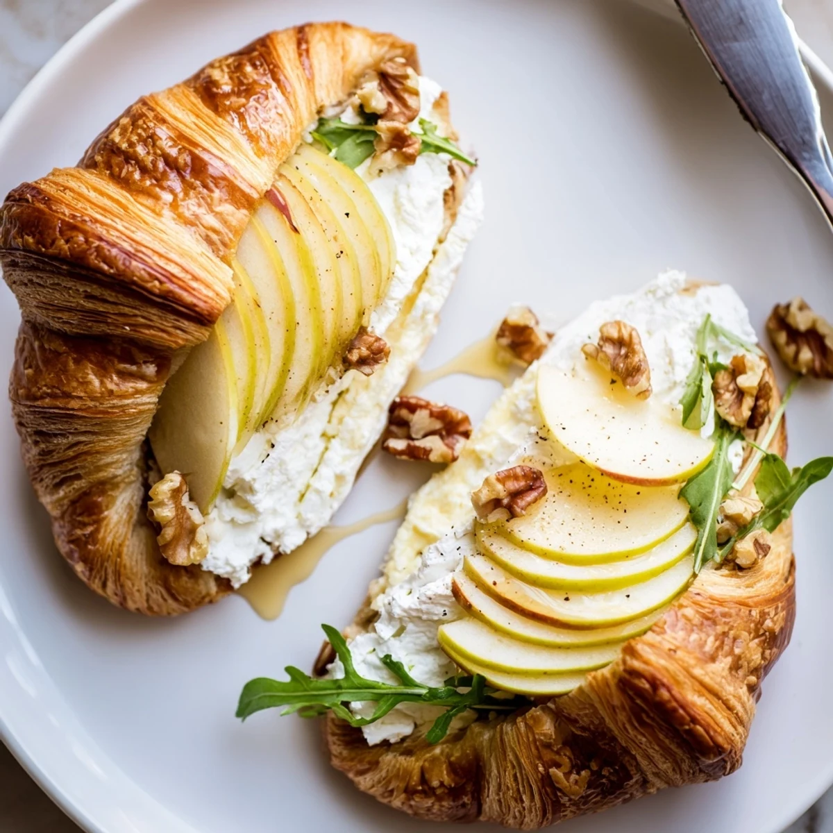 Apple Goat Cheese Croissant Sandwich drizzled with honey, peppered arugula for brunch.