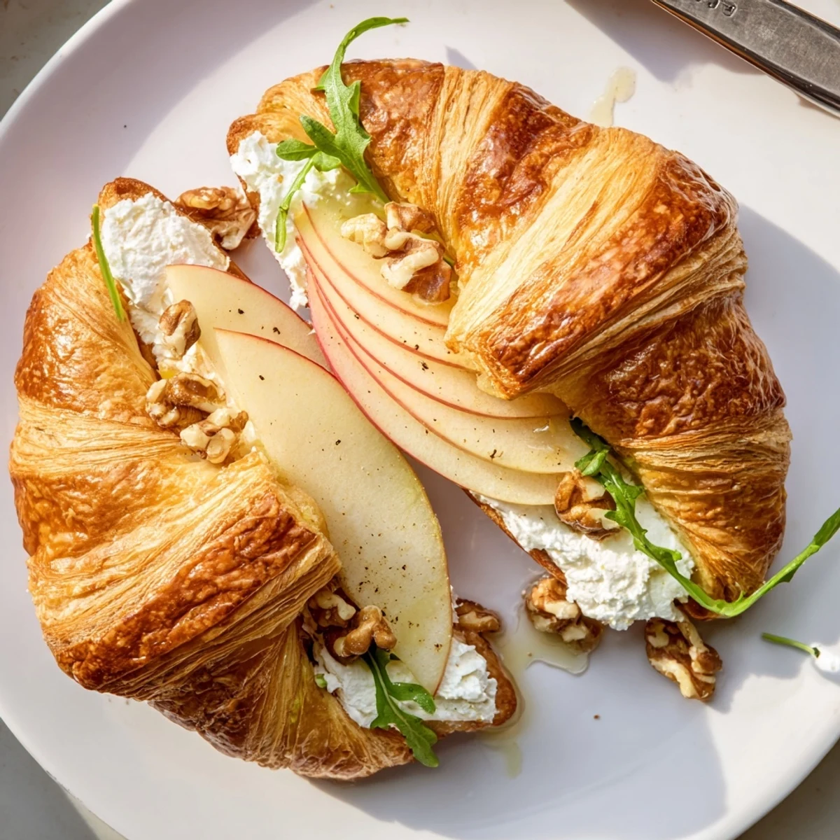 Apple Goat Cheese Croissant Sandwich layered with creamy goat cheese and crunchy walnuts.