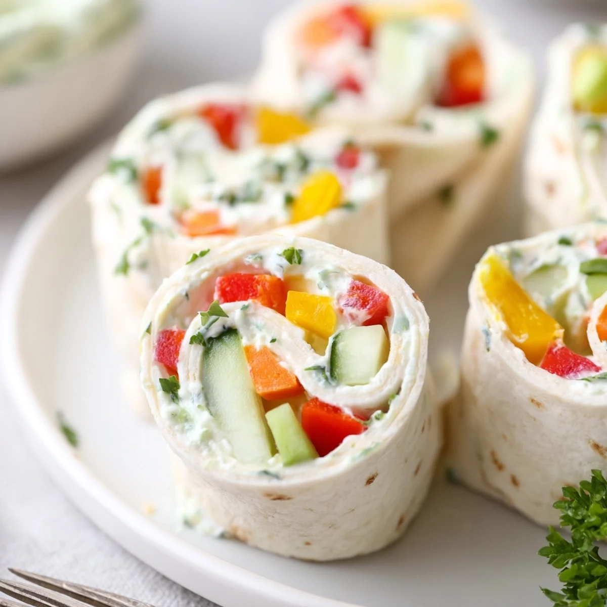 Vegetable Tortilla Roll Ups arranged on platter, creamy filling and crisp vegetables.