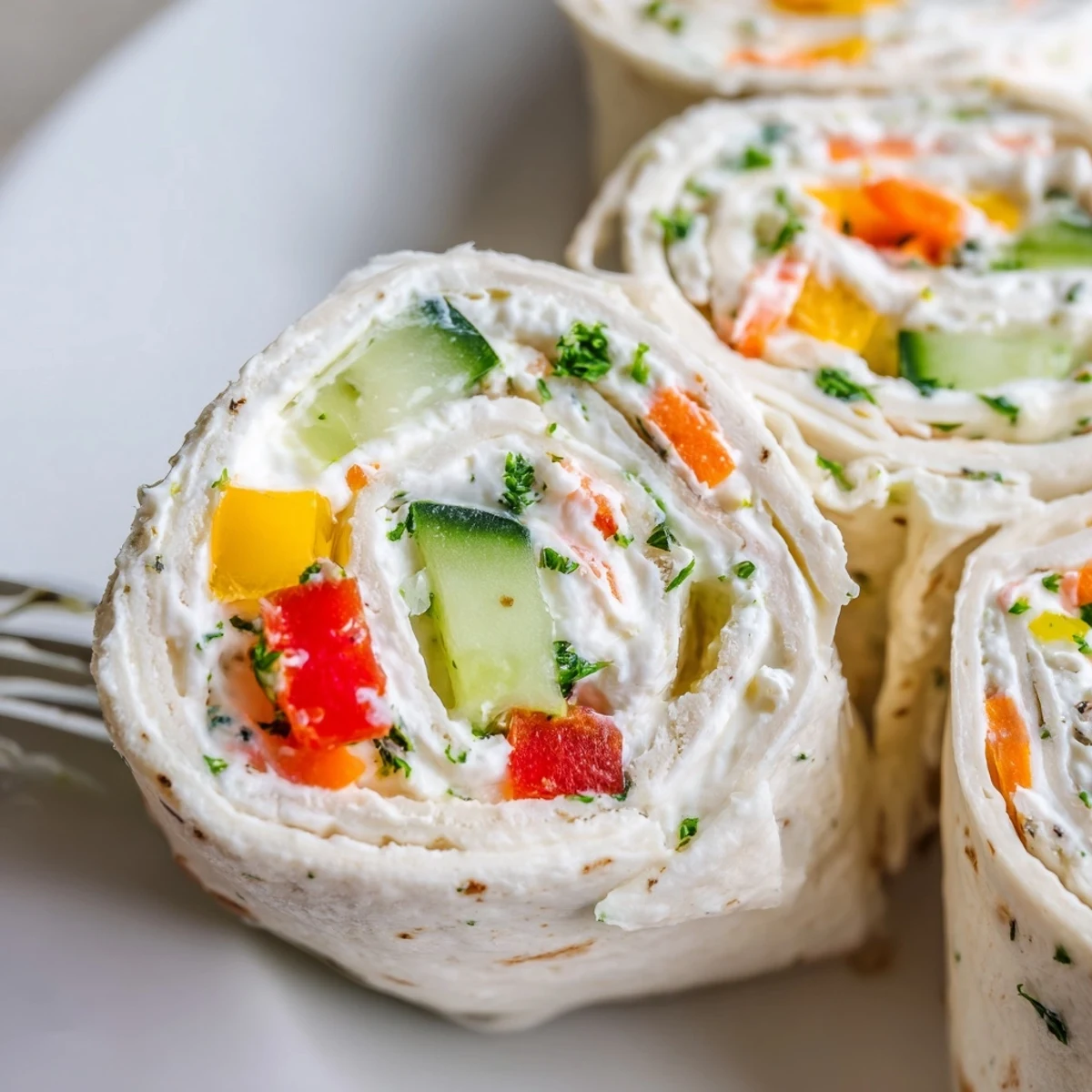 Bright Vegetable Tortilla Roll Ups sliced into pinwheels, perfect for summer picnics.