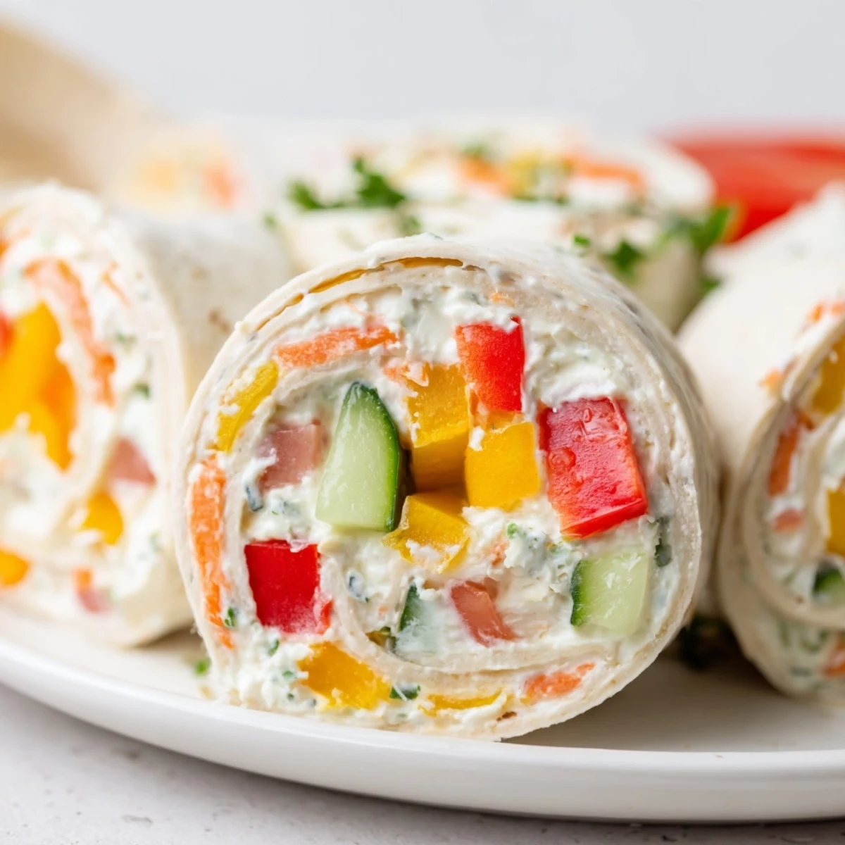 Close-up of Vegetable Tortilla Roll Ups showing colorful veggies, creamy herb spread.