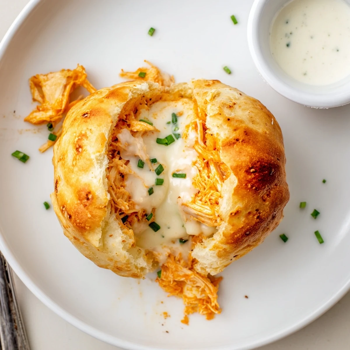 Buffalo Chicken Mozzarella Bombs baked golden, spicy filling oozing, served with ranch