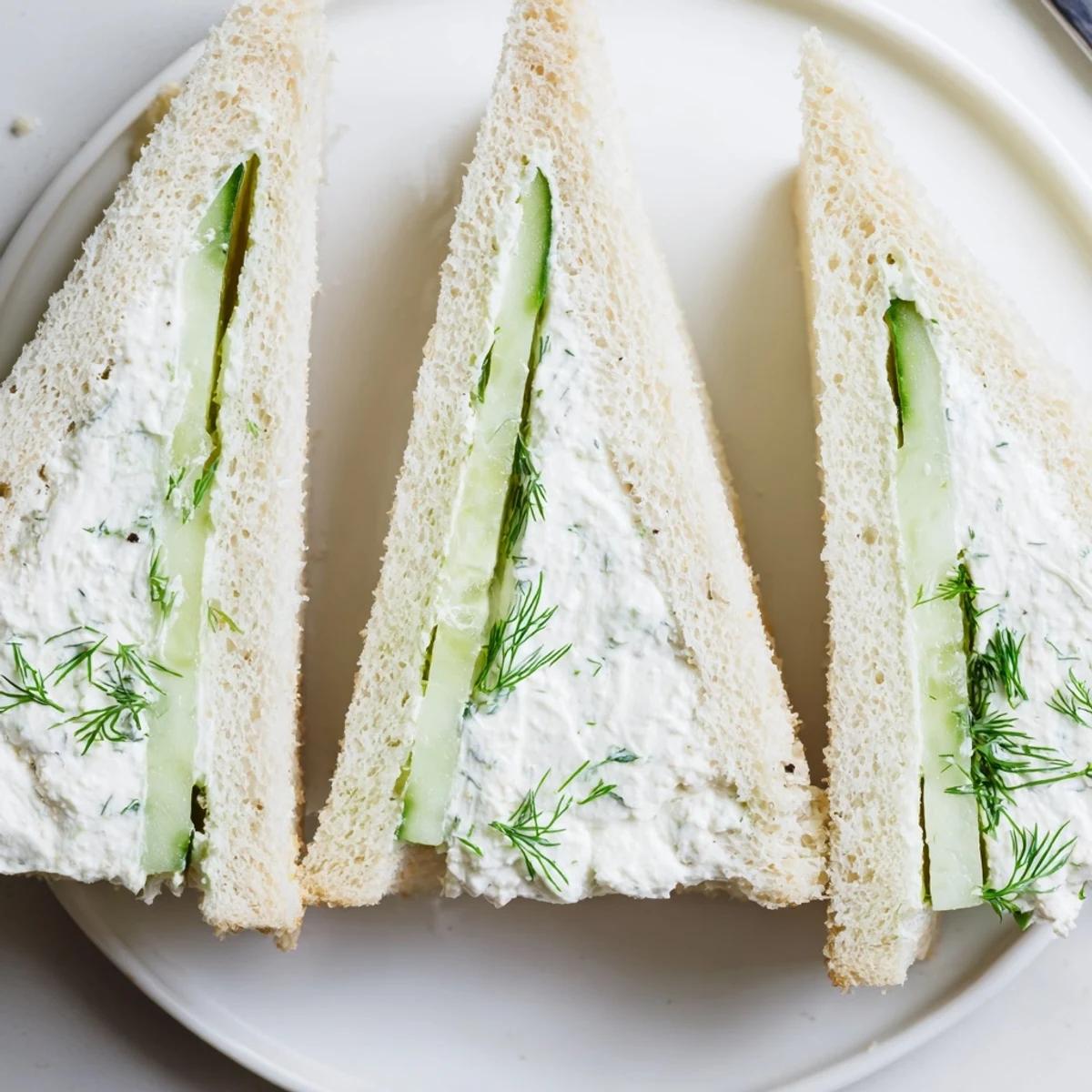 Classic Cucumber Sandwiches with crisp cucumber, creamy dill filling, served with tea.