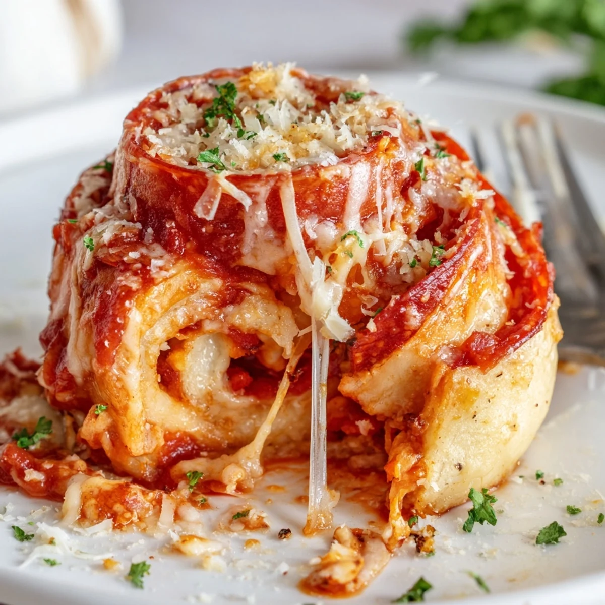 Warm Homemade Pizza Rolls sliced open, reveal melted mozzarella and pepperoni