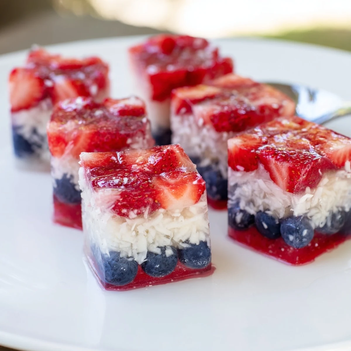 Close-up of homemade Red White And Blue Ice Cubes Recipe in sparkling lemonade.