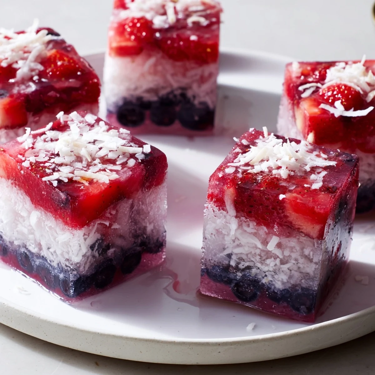 Patriotic Red White And Blue Ice Cubes Recipe showing berry textures and coconut.