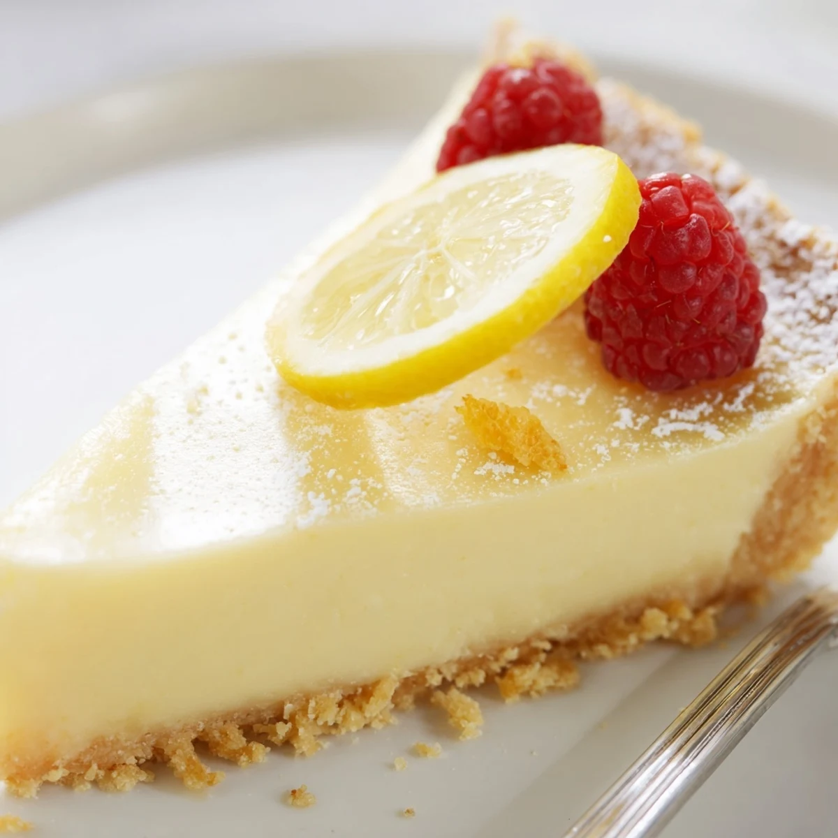 Freshly chilled Creamy Lemon Tart Recipe dusted with powdered sugar, berries.