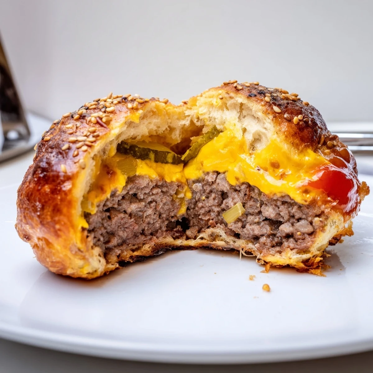 Cheesy Cheeseburger Bombs Explosion Recipe: golden biscuit pockets oozing melted cheddar and mozzarella
