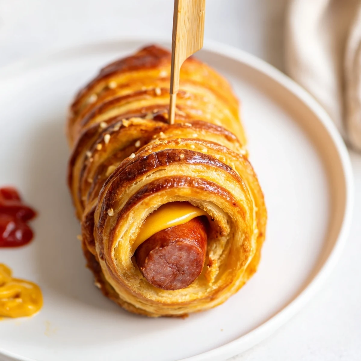 Warm from oven, Firecracker Hot Dogs tucked in golden dough, served with potato salad.