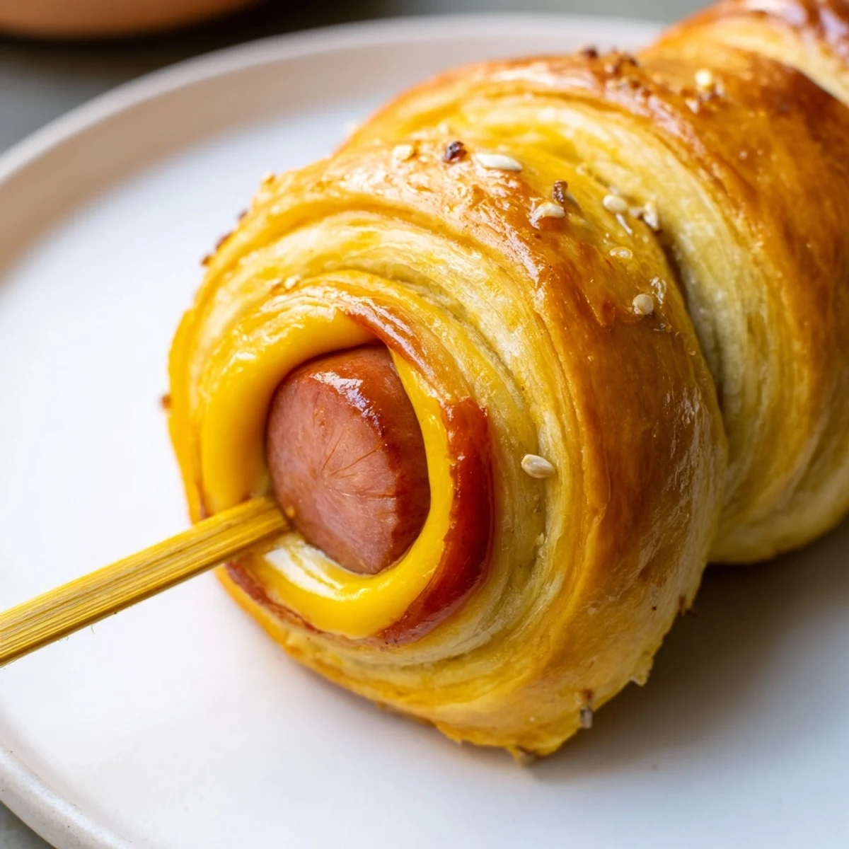 Party-ready Firecracker Hot Dogs on skewers, sprinkled sesame seeds, served with ketchup.
