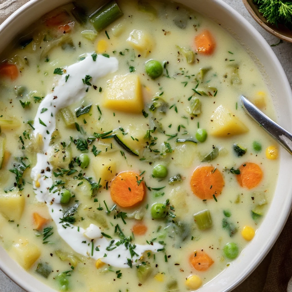 Spoon lifting Creamy Vegetable Soup, silky broth, tender vegetables and steaming