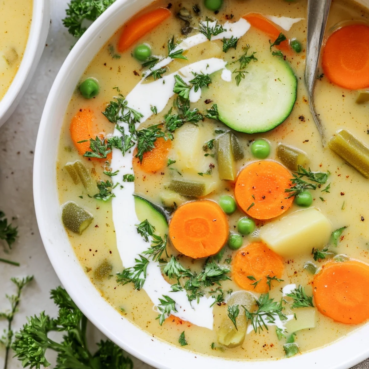 Bowl of Creamy Vegetable Soup Recipe, rich and warm, served with crusty bread