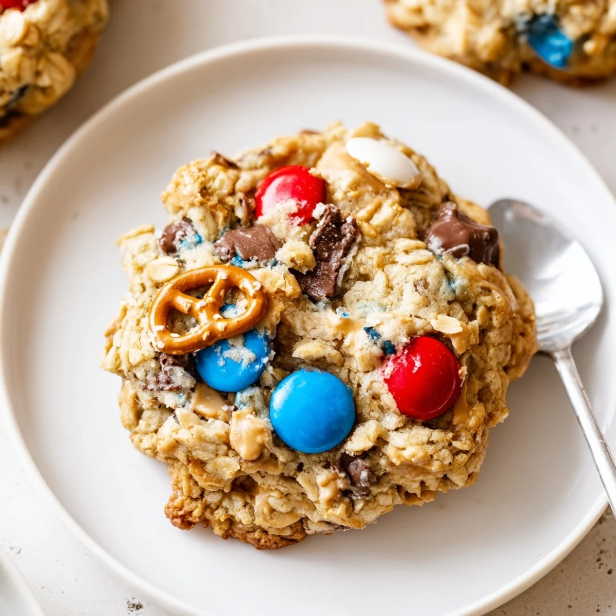 Patriotic Monster Cookies Recipe: chewy, oat-studded cookies topped with red, white, blue candies