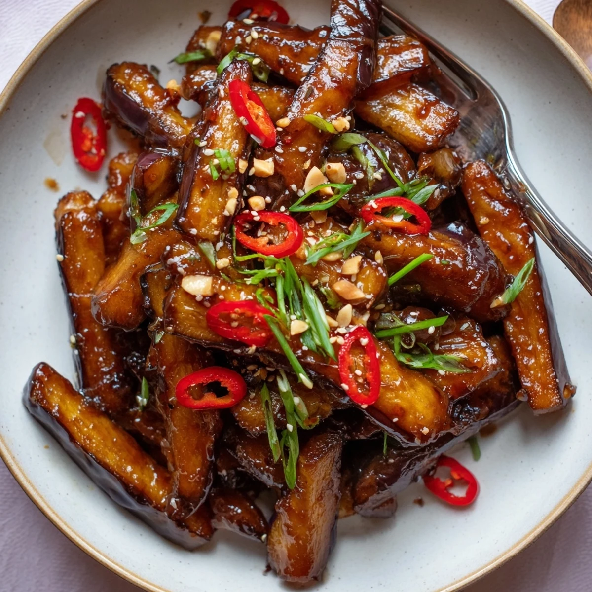 Sichuan Style Braised Aubergines glistening in spicy sauce, served over jasmine rice.