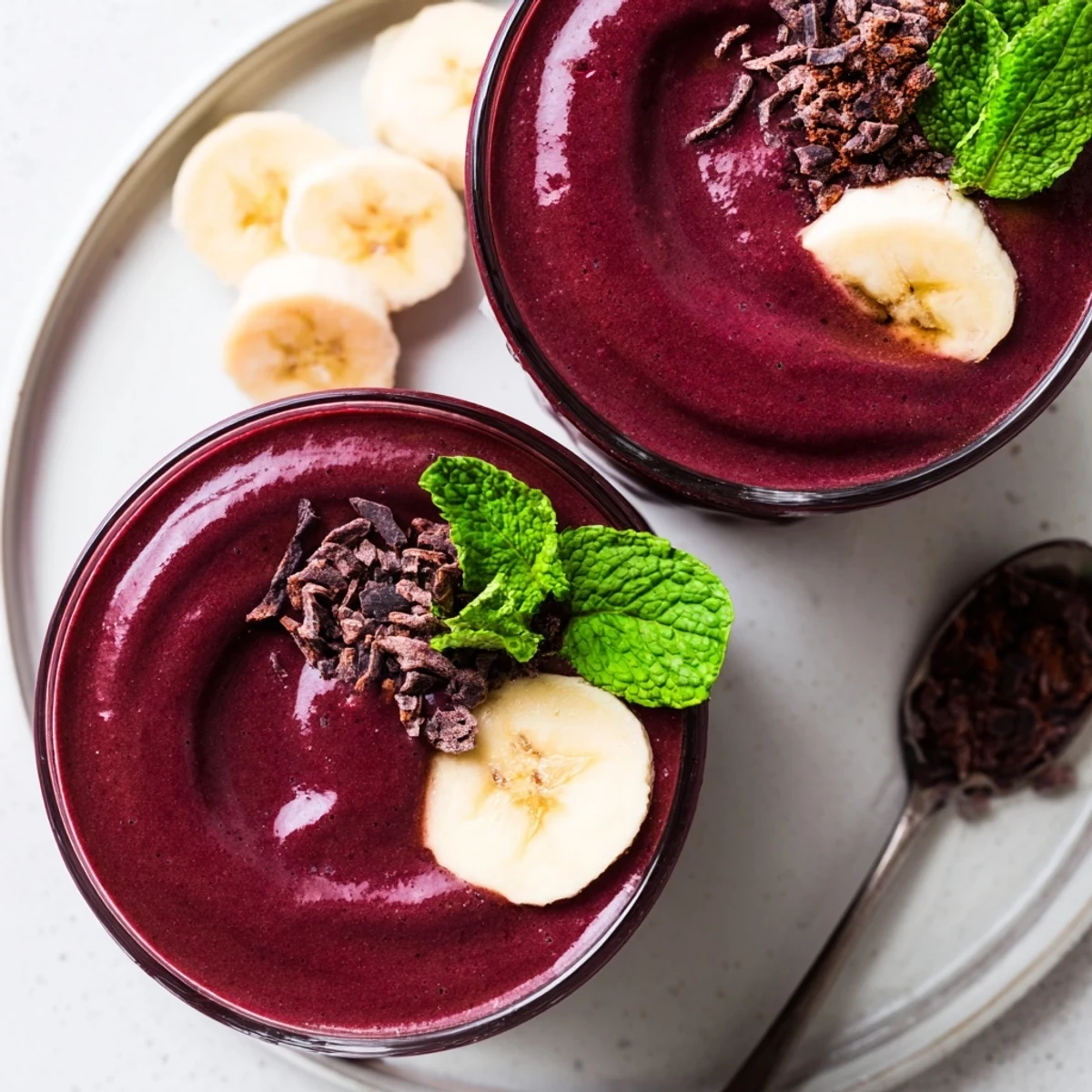 Velvety Chocolate Beet Smoothie in a glass, garnished with mint and cacao.  