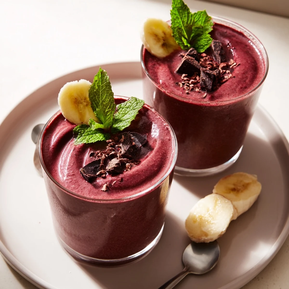 Creamy Chocolate Beet Smoothie poured between two glasses, ready to sip.  