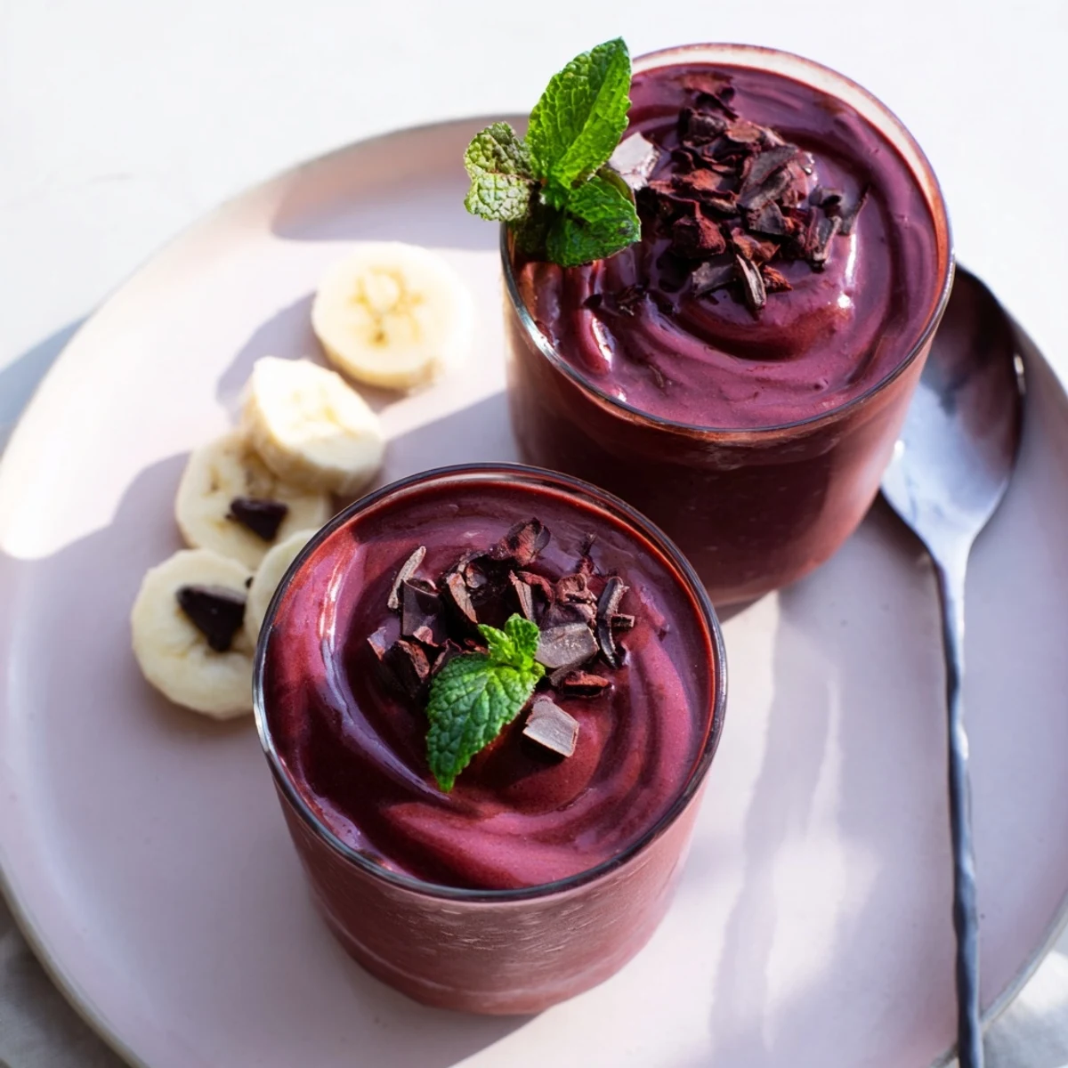 Bright earthy Chocolate Beet Smoothie blended with banana and almond milk.