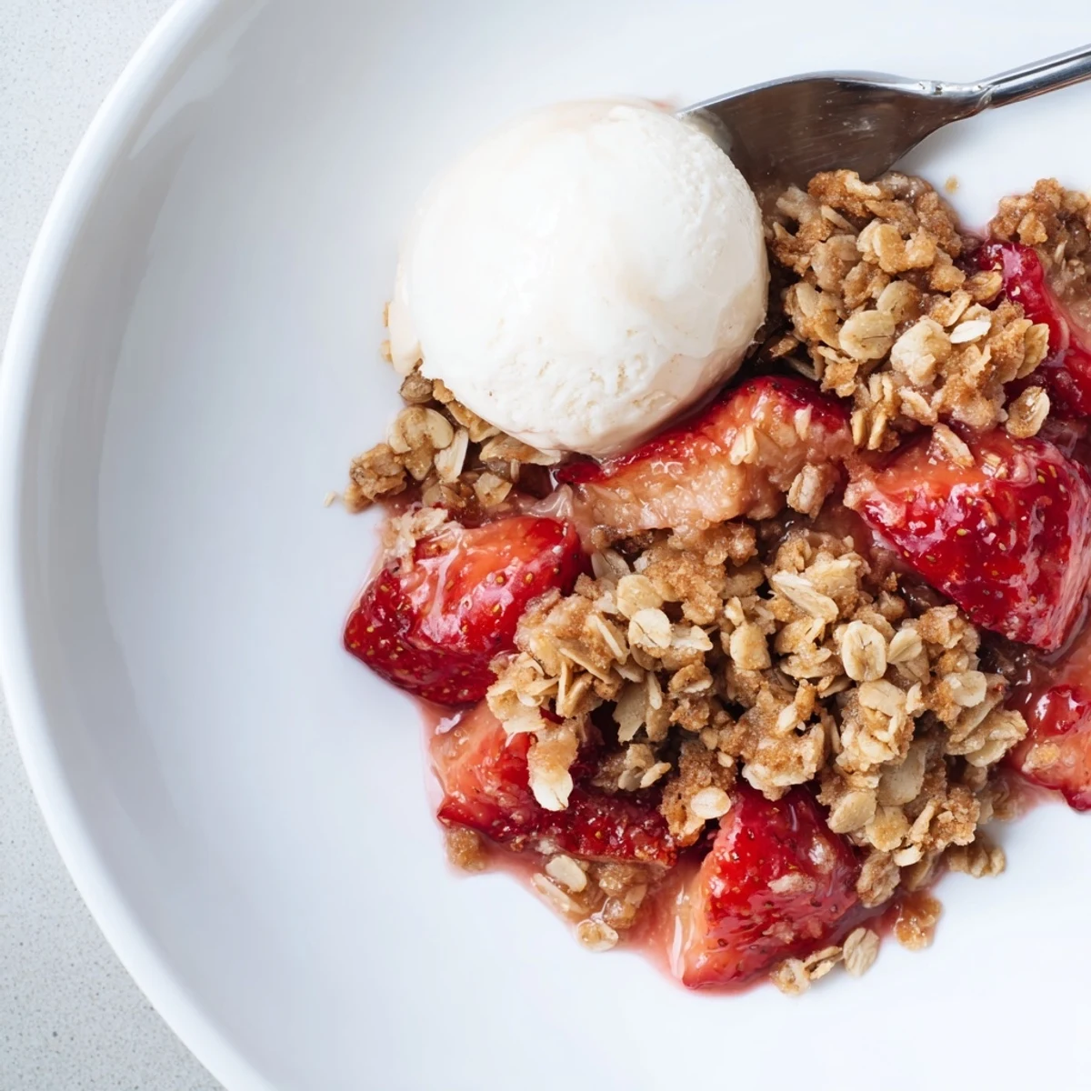Fresh Strawberry Crisp Recipe bubbling with syrup, golden oat topping, served warm.